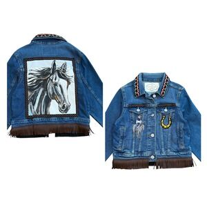 Lesal Upcycled Hand Painted Horse Denim Jacket Kids Size 6-7 Western Fringe Blue